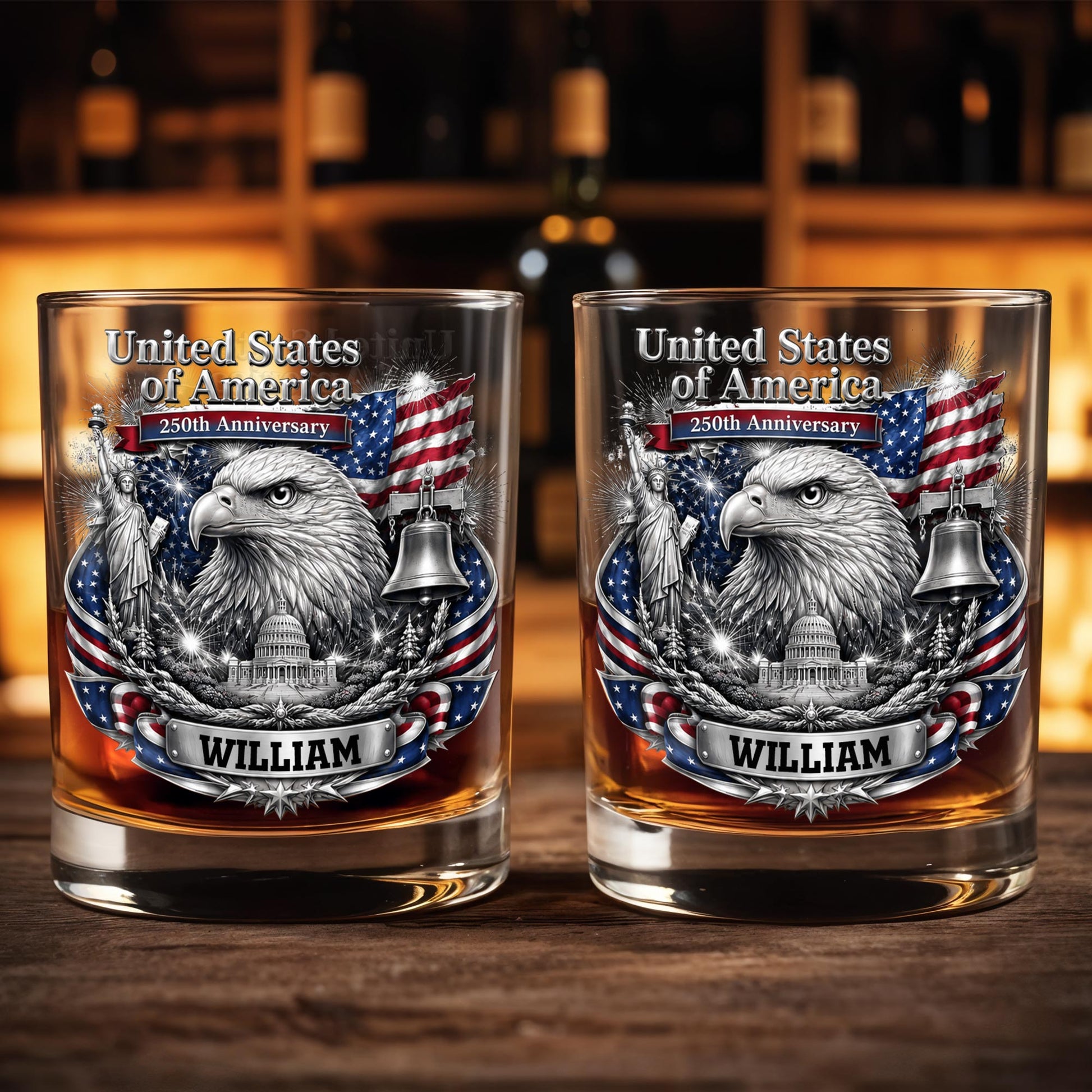 United States of America Anniversary Bald Eagle and American Flag - Personalized Custom Whiskey Glass - INDE642_RWG