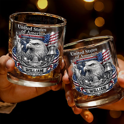 United States of America Anniversary Bald Eagle and American Flag - Personalized Custom Whiskey Glass - INDE642_RWG
