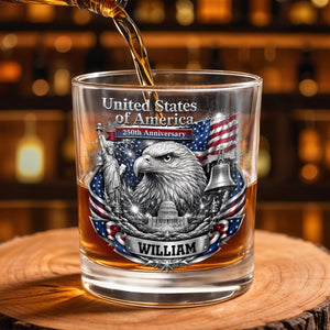 United States of America Anniversary Bald Eagle and American Flag - Personalized Custom Whiskey Glass - INDE642_RWG