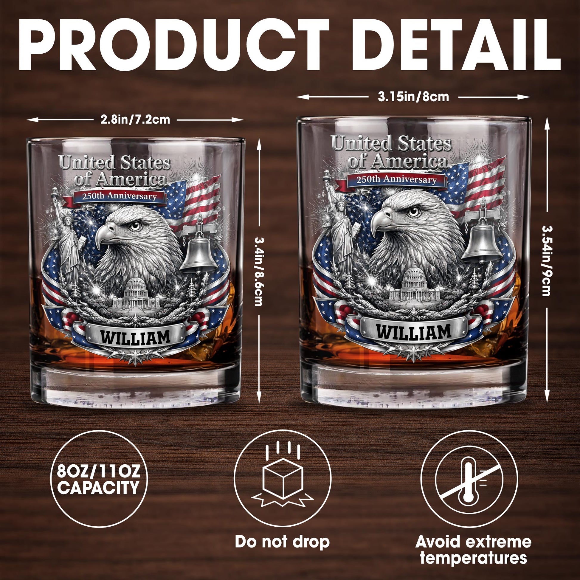 United States of America Anniversary Bald Eagle and American Flag - Personalized Custom Whiskey Glass - INDE642_RWG