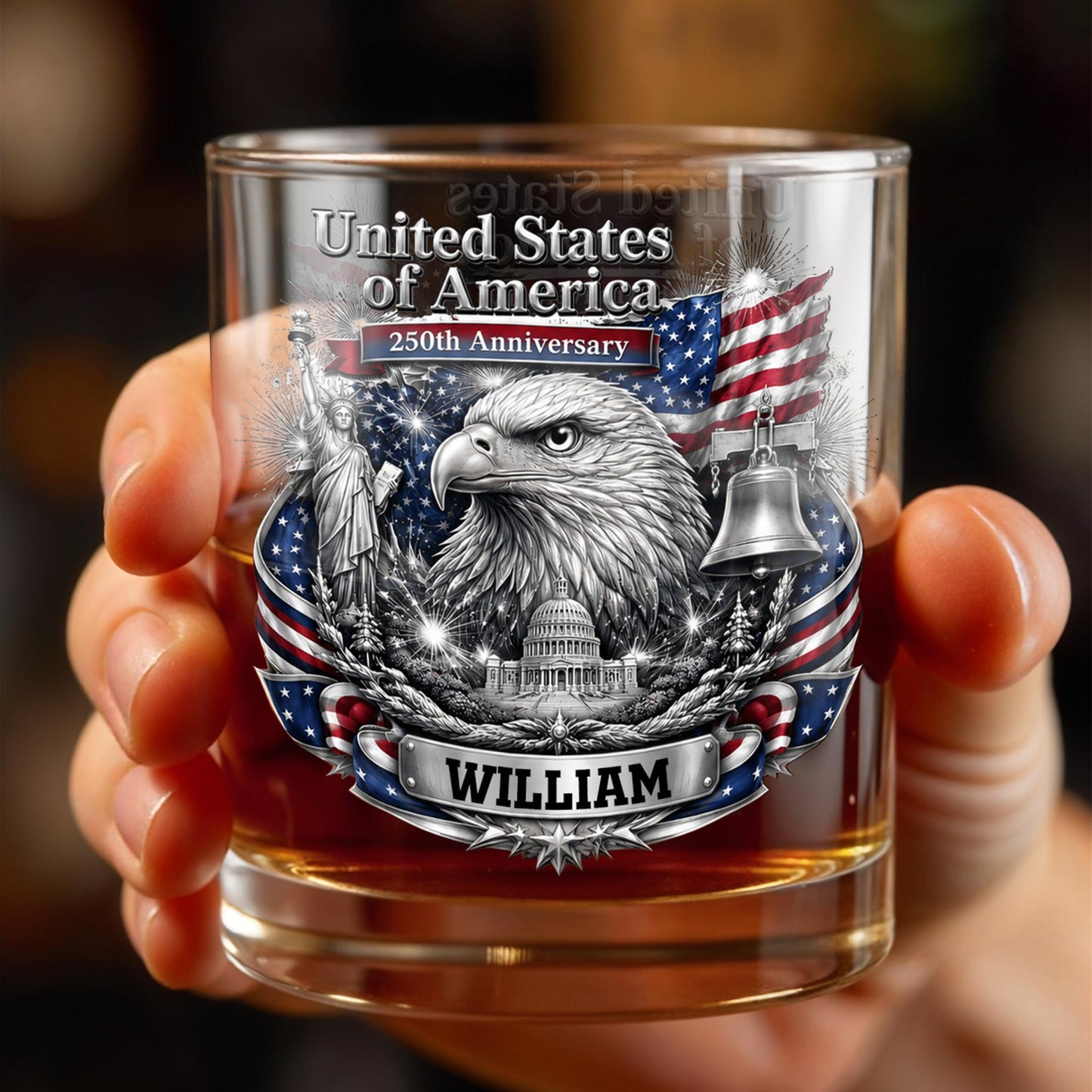 United States of America Anniversary Bald Eagle and American Flag - Personalized Custom Whiskey Glass - INDE642_RWG