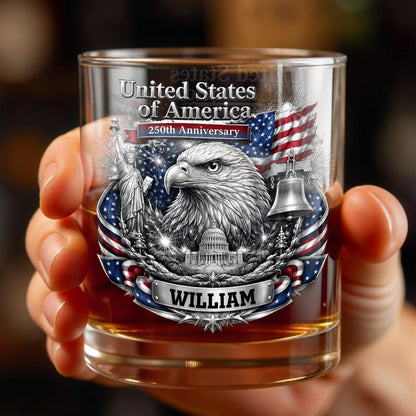 United States of America Anniversary Bald Eagle and American Flag - Personalized Custom Whiskey Glass - INDE642_RWG