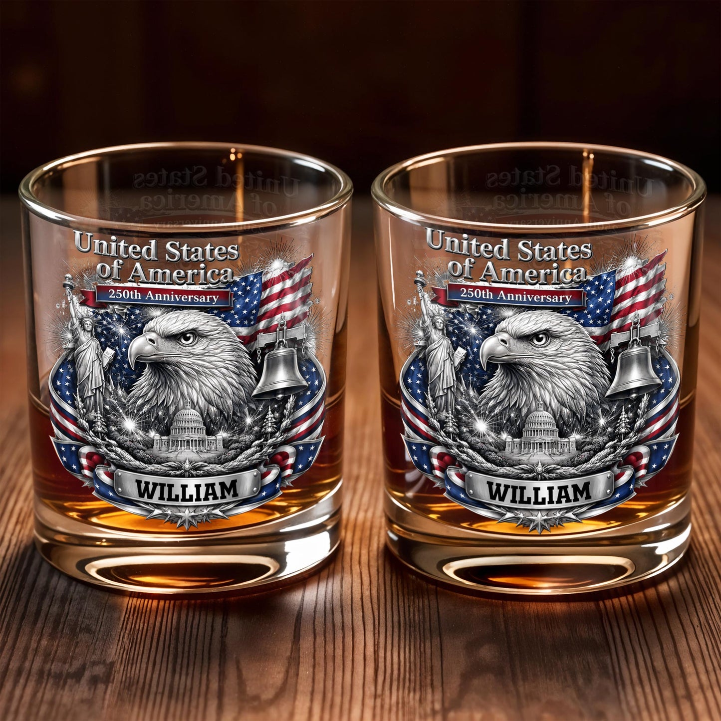 United States of America Anniversary Bald Eagle and American Flag - Personalized Custom Whiskey Glass - INDE642_RWG
