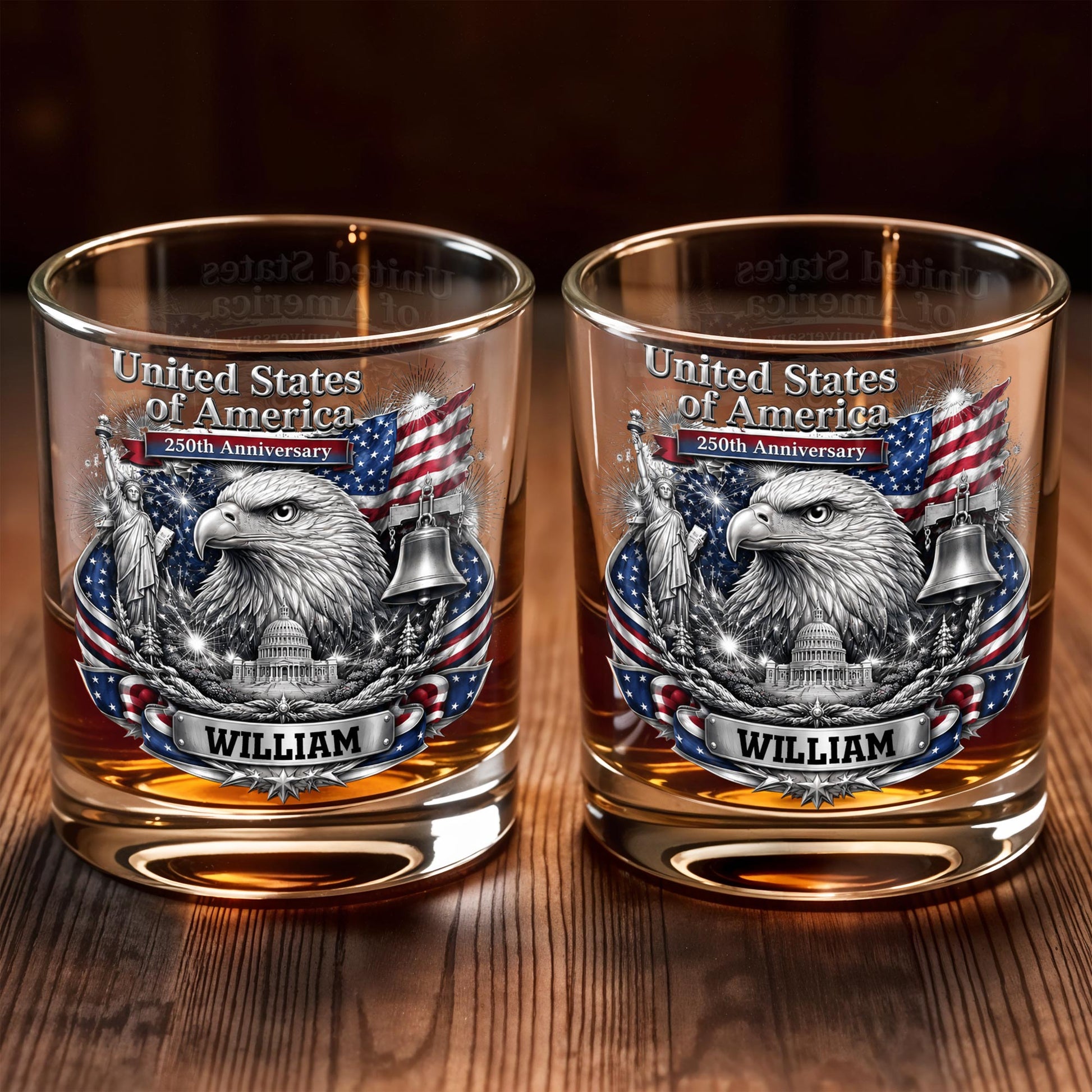 United States of America Anniversary Bald Eagle and American Flag - Personalized Custom Whiskey Glass - INDE642_RWG