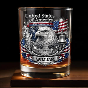 United States of America Anniversary Bald Eagle and American Flag - Personalized Custom Whiskey Glass - INDE642_RWG