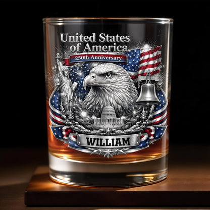 United States of America Anniversary Bald Eagle and American Flag - Personalized Custom Whiskey Glass - INDE642_RWG