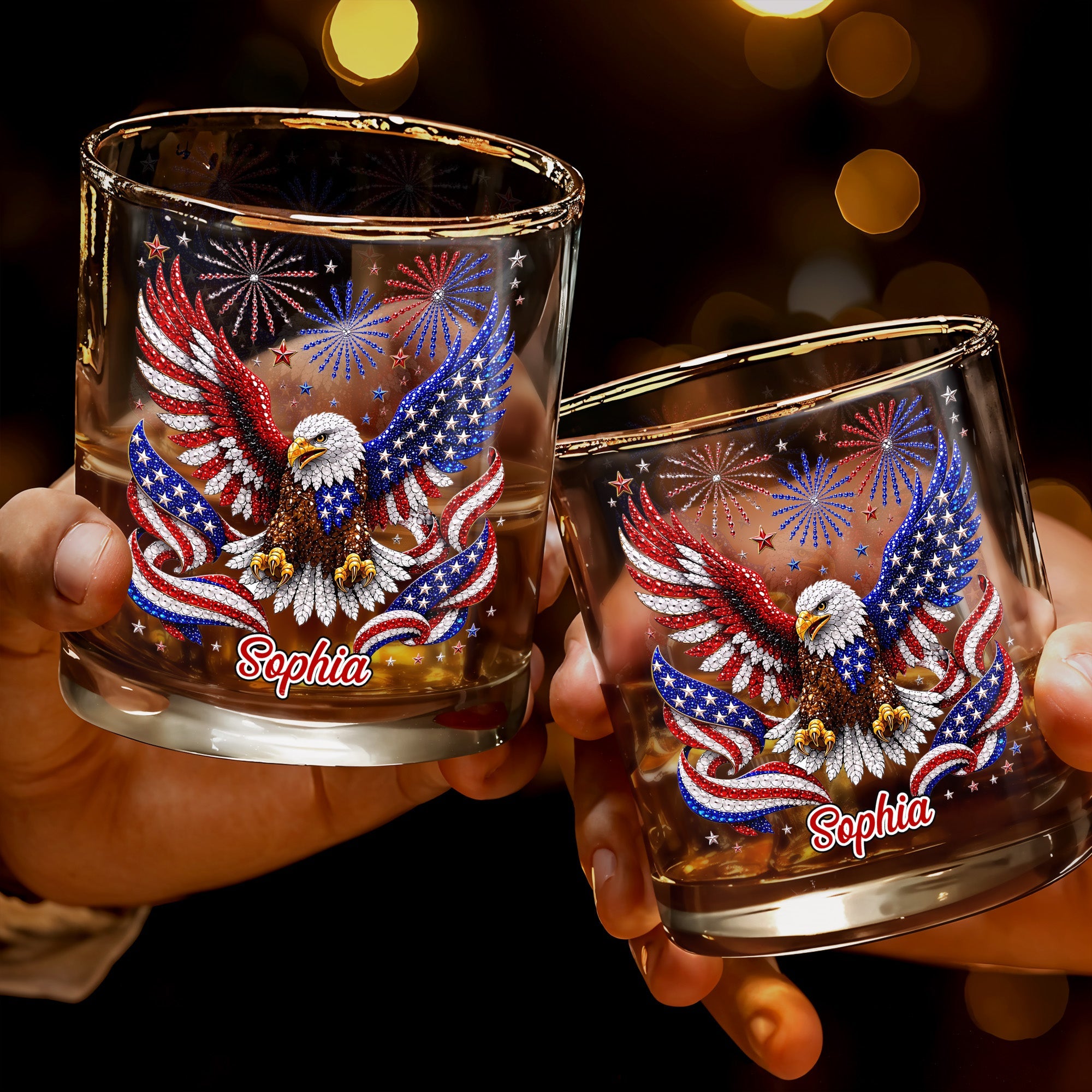 Majestic American Eagle With Patriotic Fireworks And Flag Wings - Personalized Custom Whiskey Glass - INDE654_RWG