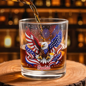 Majestic American Eagle With Patriotic Fireworks And Flag Wings - Personalized Custom Whiskey Glass - INDE654_RWG