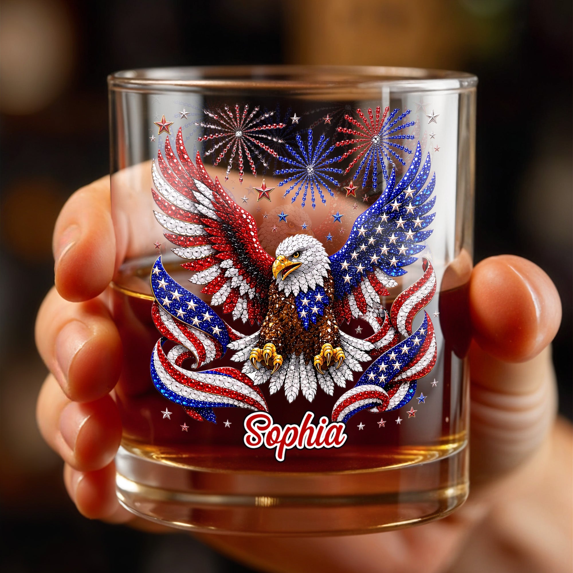 Majestic American Eagle With Patriotic Fireworks And Flag Wings - Personalized Custom Whiskey Glass - INDE654_RWG