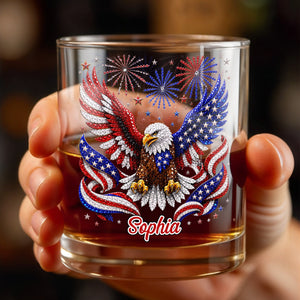 Majestic American Eagle With Patriotic Fireworks And Flag Wings - Personalized Custom Whiskey Glass - INDE654_RWG