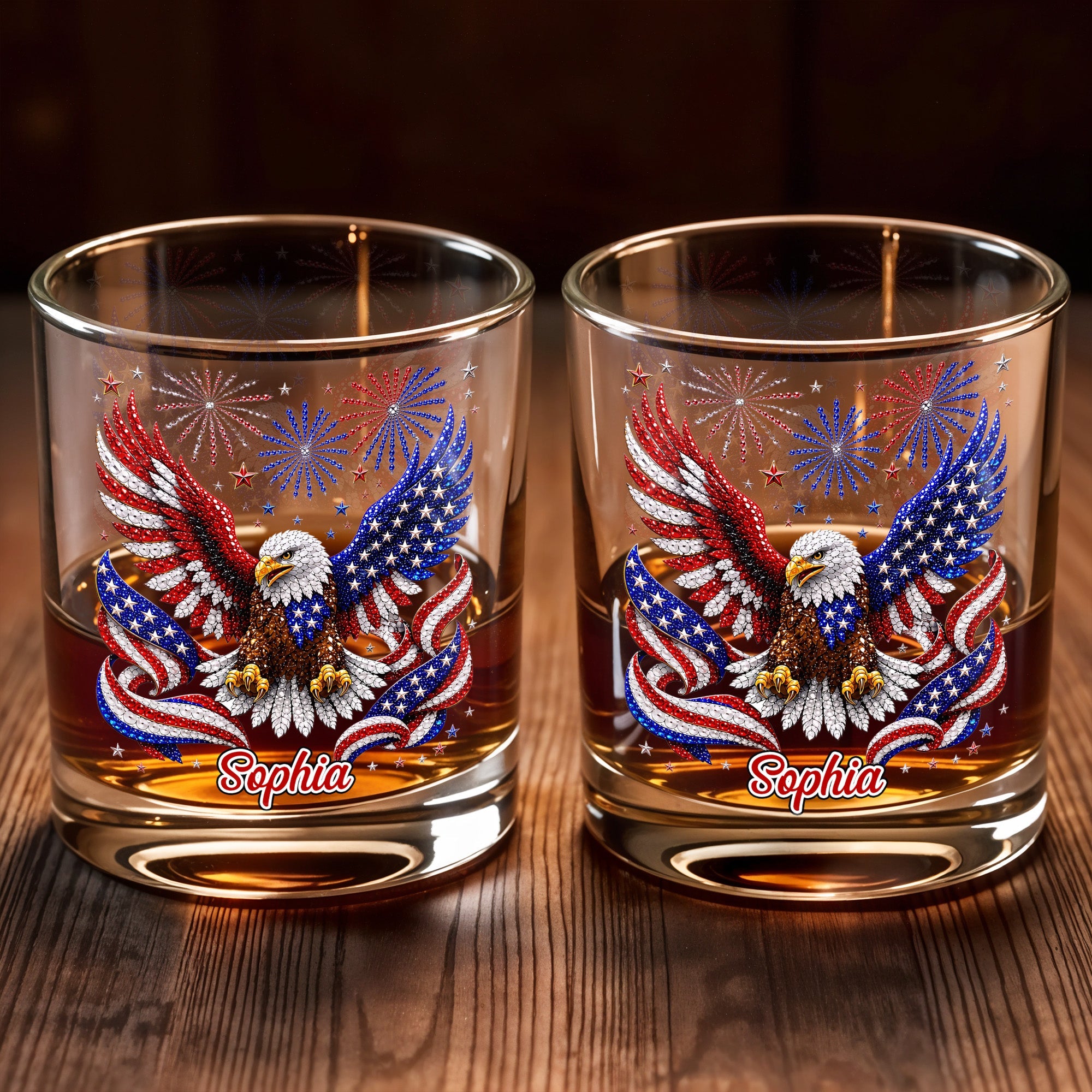 Majestic American Eagle With Patriotic Fireworks And Flag Wings - Personalized Custom Whiskey Glass - INDE654_RWG