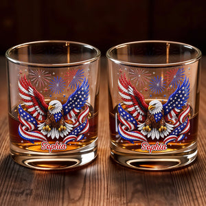 Majestic American Eagle With Patriotic Fireworks And Flag Wings - Personalized Custom Whiskey Glass - INDE654_RWG