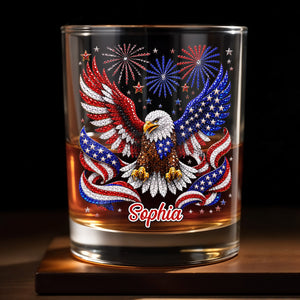 Majestic American Eagle With Patriotic Fireworks And Flag Wings - Personalized Custom Whiskey Glass - INDE654_RWG