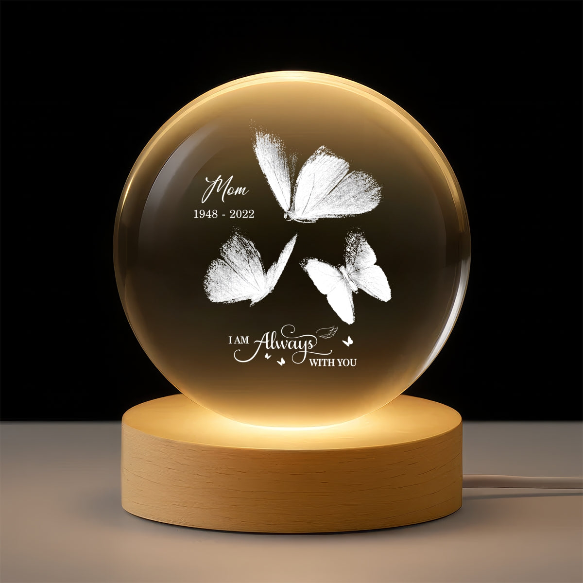 Always With You Butterflies - Personalized Crystal Ball LED Night Light - Memorial Remembrance Keepsake
