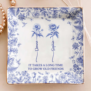 Personalized birth flower toile de jouy jewelry dish
