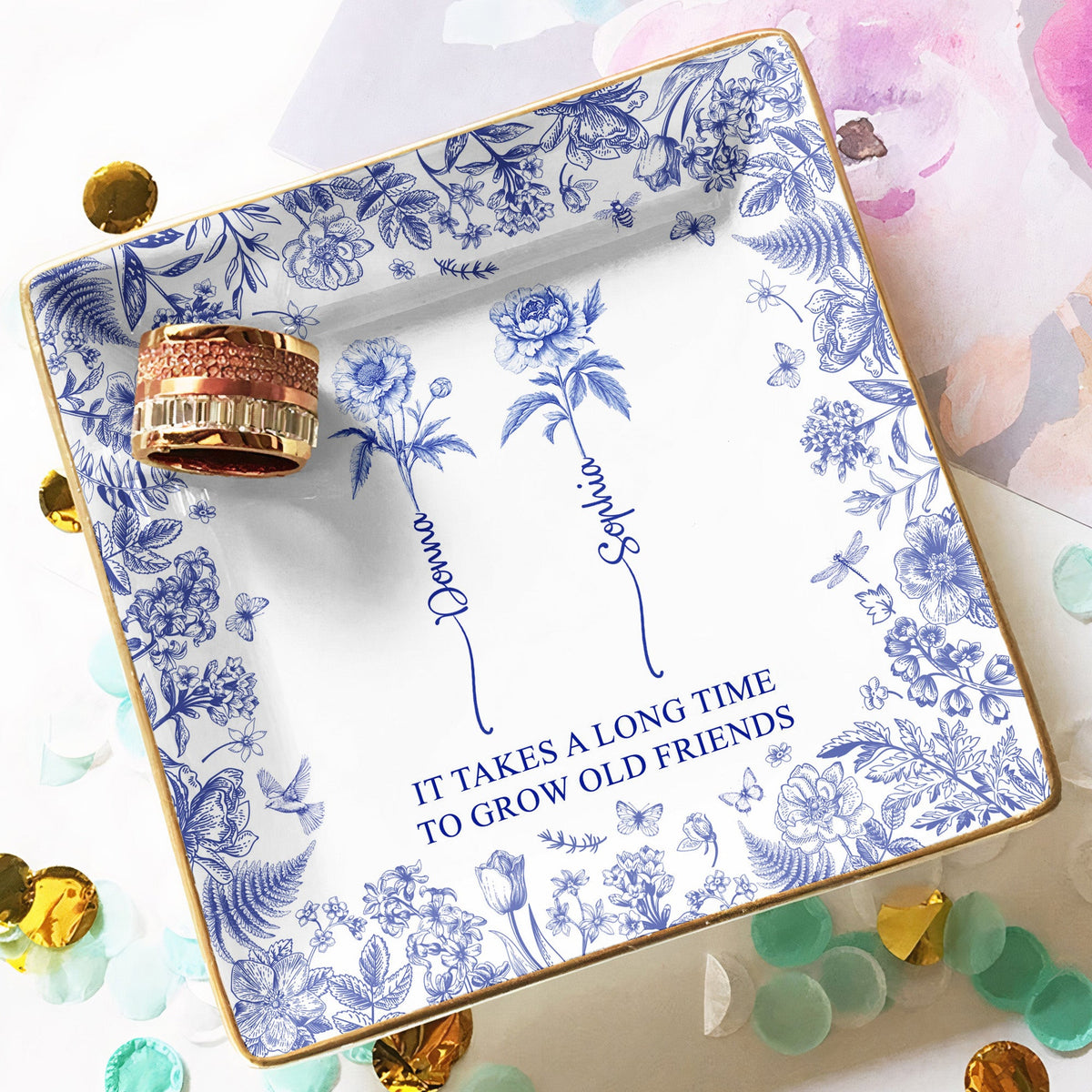 Birth flower dish holding rings and earrings