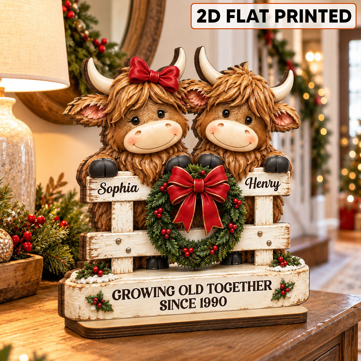 Happy Highland Cows Couple Christmas Fence personalized wooden plaque