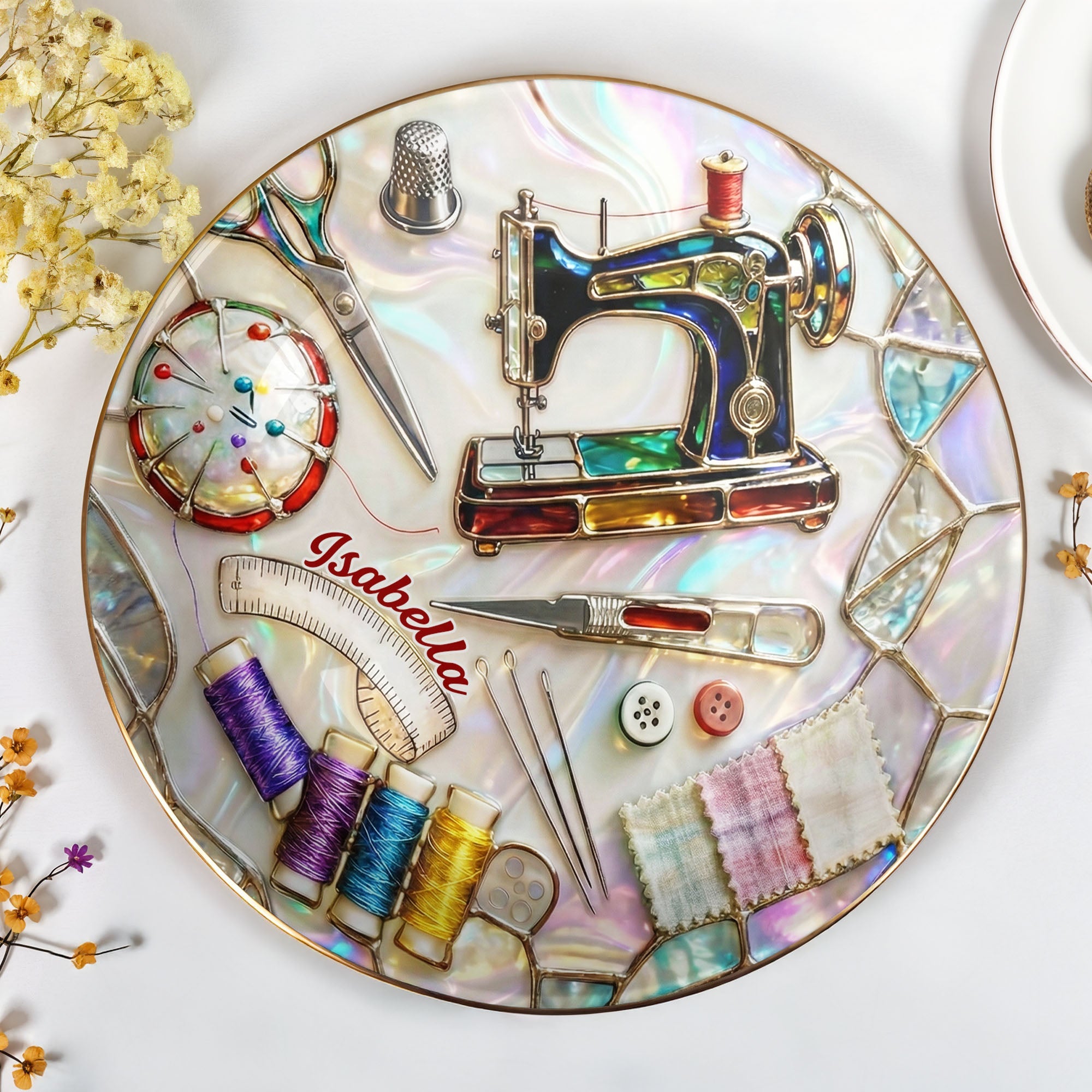 Where Creativity Comes To Life Vintage Sewing Machine And Thread Spools - Personalized Custom Jewelry Dish, Ceramic Dish, Round Shape - JBS043_RCRF