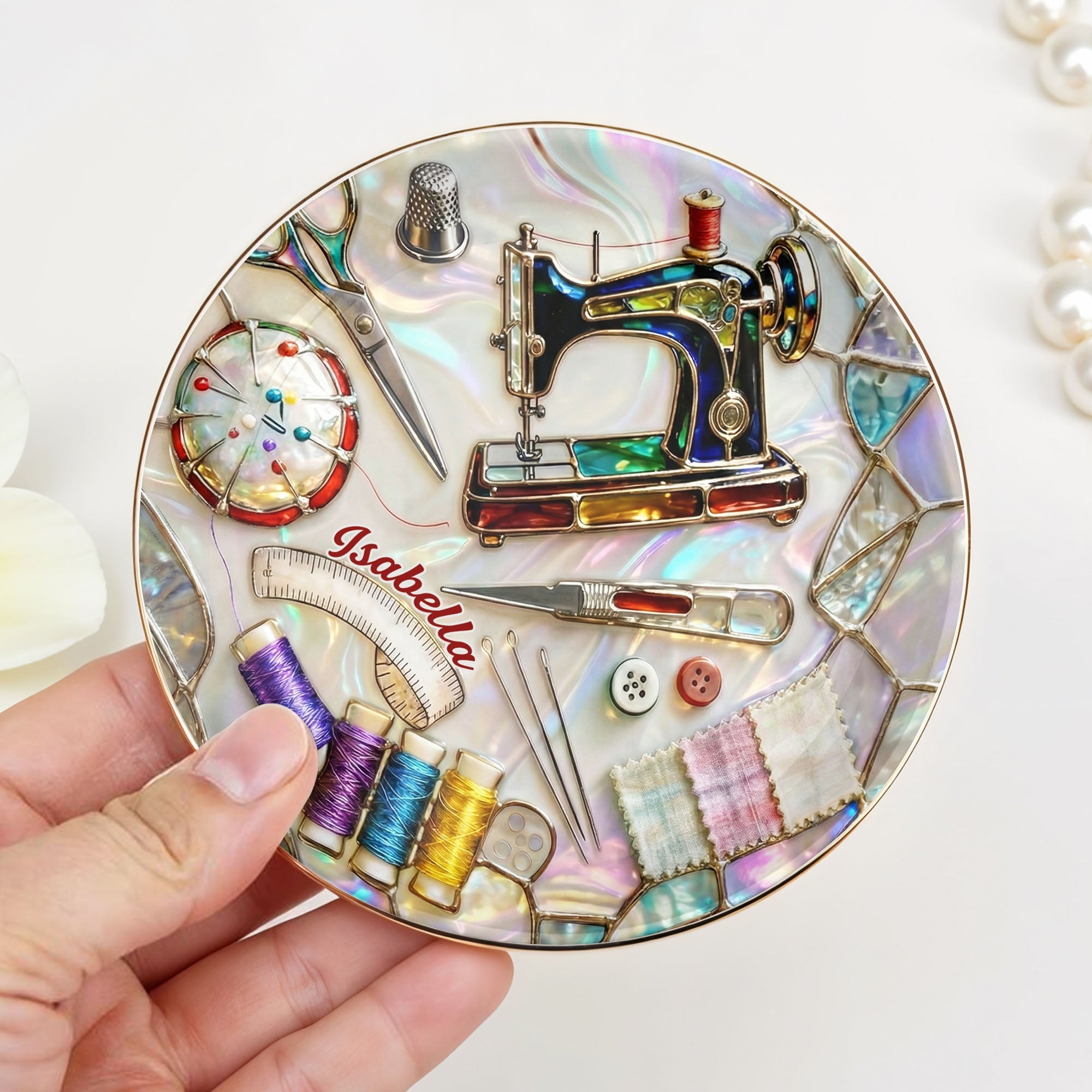 Where Creativity Comes To Life Vintage Sewing Machine And Thread Spools - Personalized Custom Jewelry Dish, Ceramic Dish, Round Shape - JBS043_RCRF