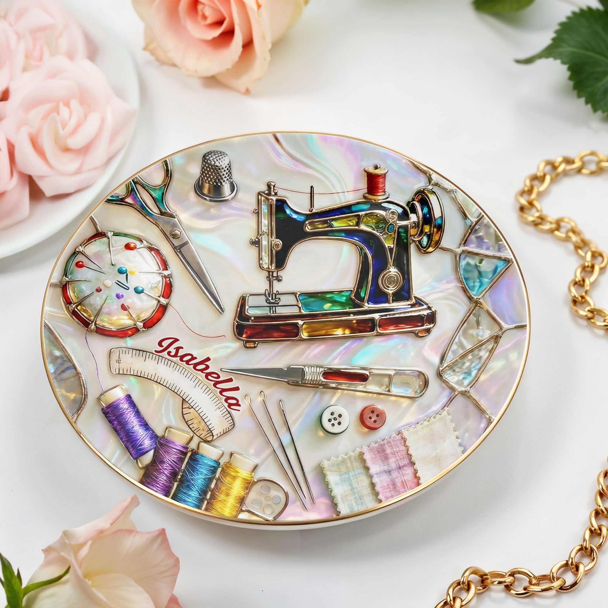 Where Creativity Comes To Life Vintage Sewing Machine And Thread Spools - Personalized Custom Jewelry Dish, Ceramic Dish, Round Shape - JBS043_RCRF