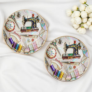 Where Creativity Comes To Life Vintage Sewing Machine And Thread Spools - Personalized Custom Jewelry Dish, Ceramic Dish, Round Shape - JBS043_RCRF