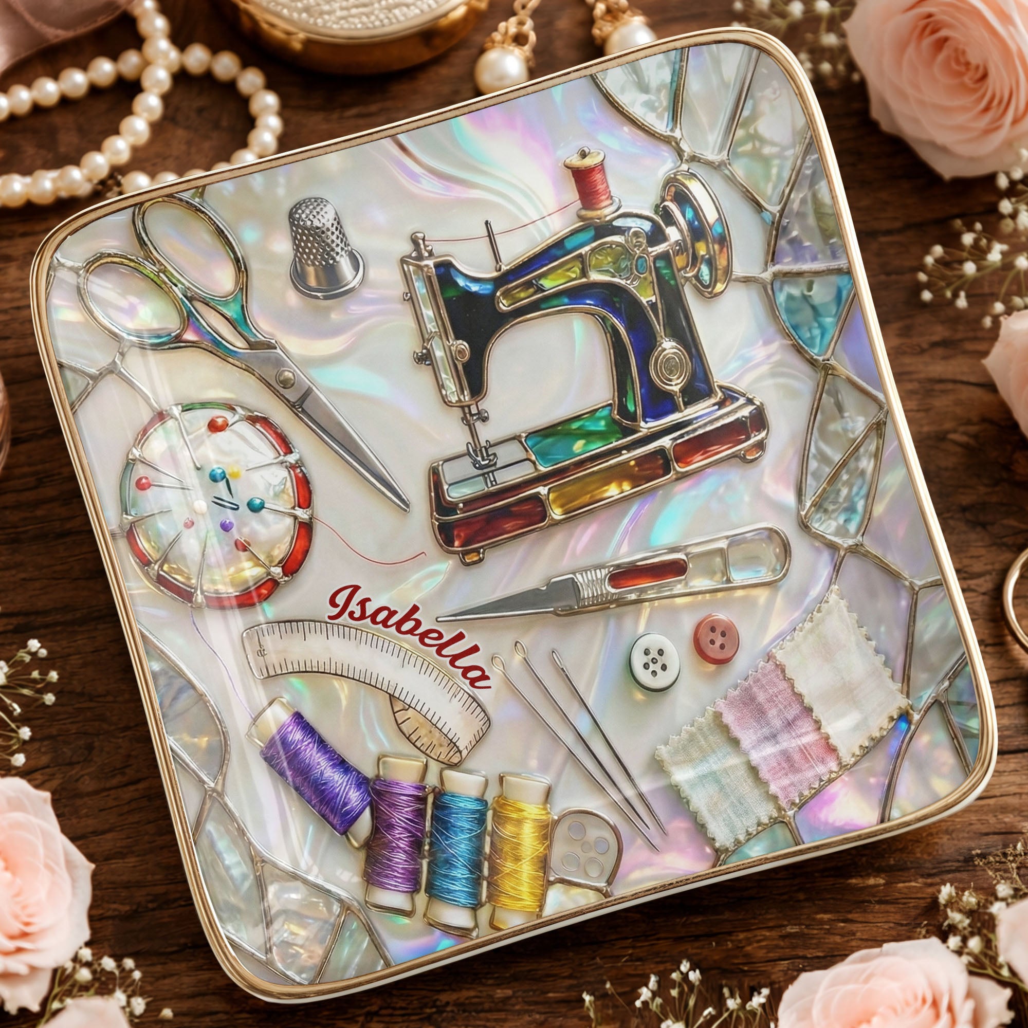 Stitched With Love Sewing Machine Scissors And Colorful Thread Spools - Personalized Custom Jewelry Dish, Ceramic Dish, Square Shape - JBS043_SCRF