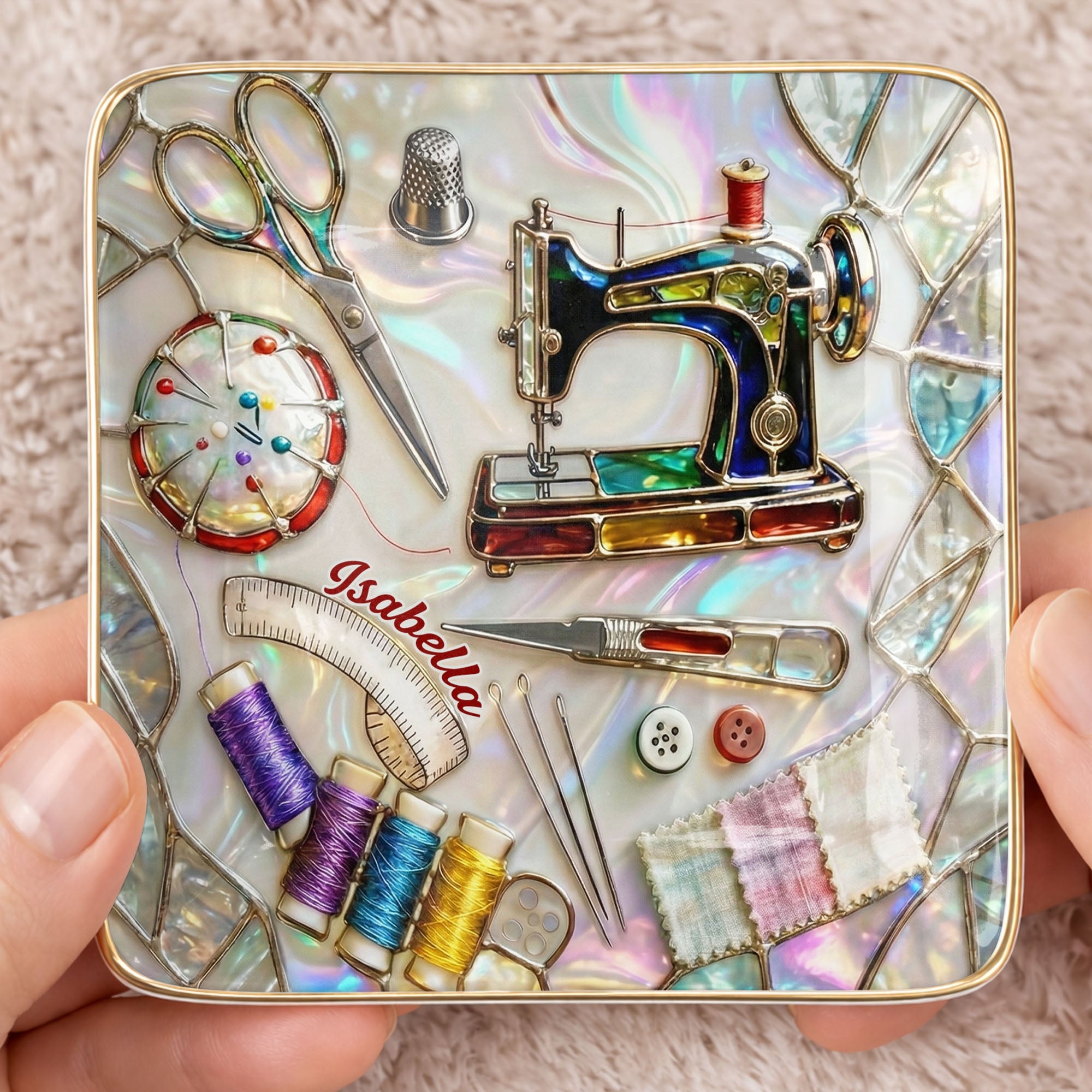 Stitched With Love Sewing Machine Scissors And Colorful Thread Spools - Personalized Custom Jewelry Dish, Ceramic Dish, Square Shape - JBS043_SCRF