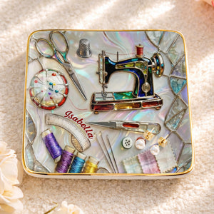 Stitched With Love Sewing Machine Scissors And Colorful Thread Spools - Personalized Custom Jewelry Dish, Ceramic Dish, Square Shape - JBS043_SCRF