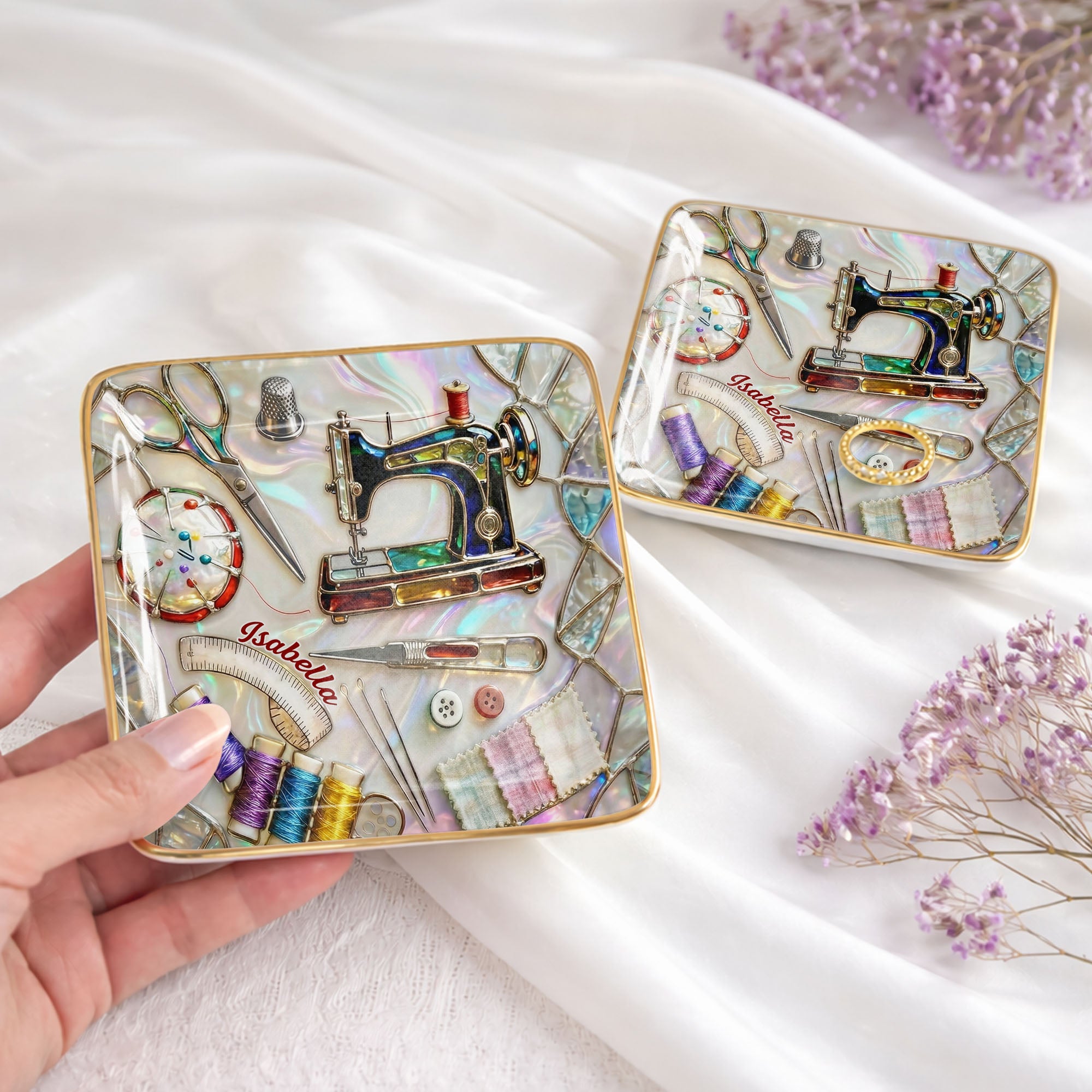 Stitched With Love Sewing Machine Scissors And Colorful Thread Spools - Personalized Custom Jewelry Dish, Ceramic Dish, Square Shape - JBS043_SCRF