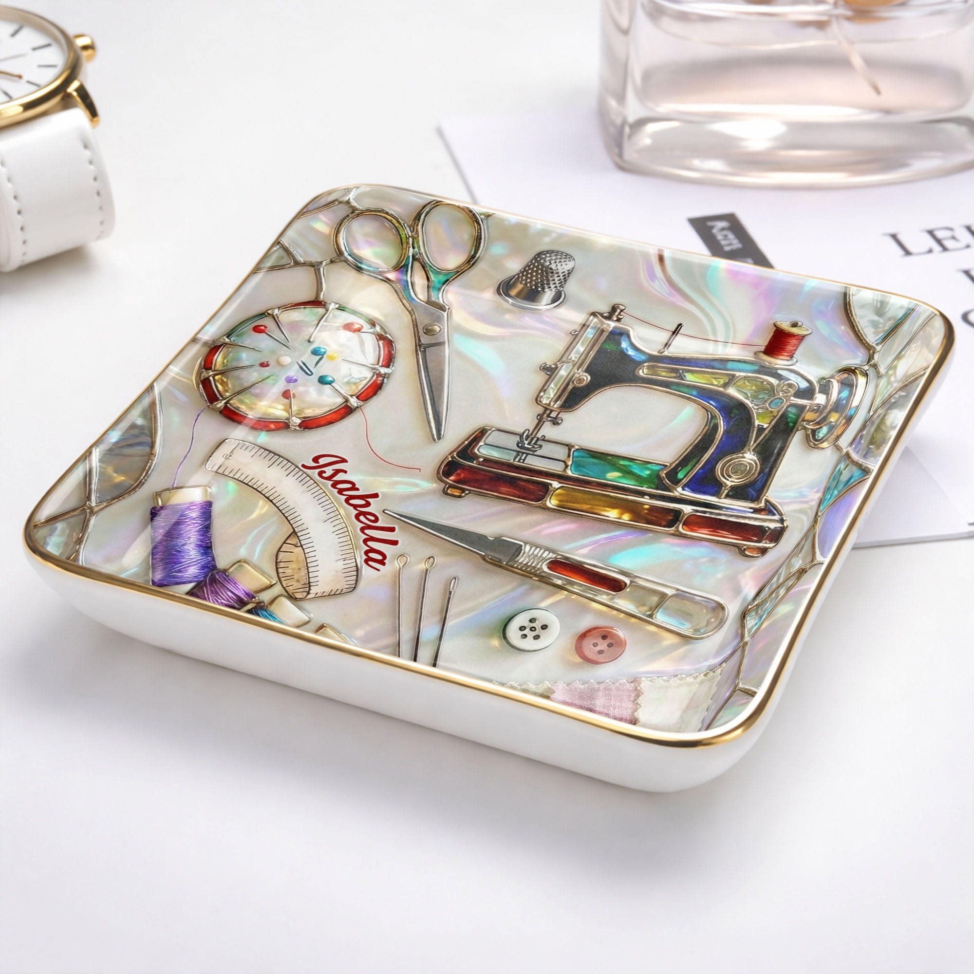 Stitched With Love Sewing Machine Scissors And Colorful Thread Spools - Personalized Custom Jewelry Dish, Ceramic Dish, Square Shape - JBS043_SCRF