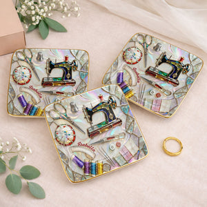 Stitched With Love Sewing Machine Scissors And Colorful Thread Spools - Personalized Custom Jewelry Dish, Ceramic Dish, Square Shape - JBS043_SCRF