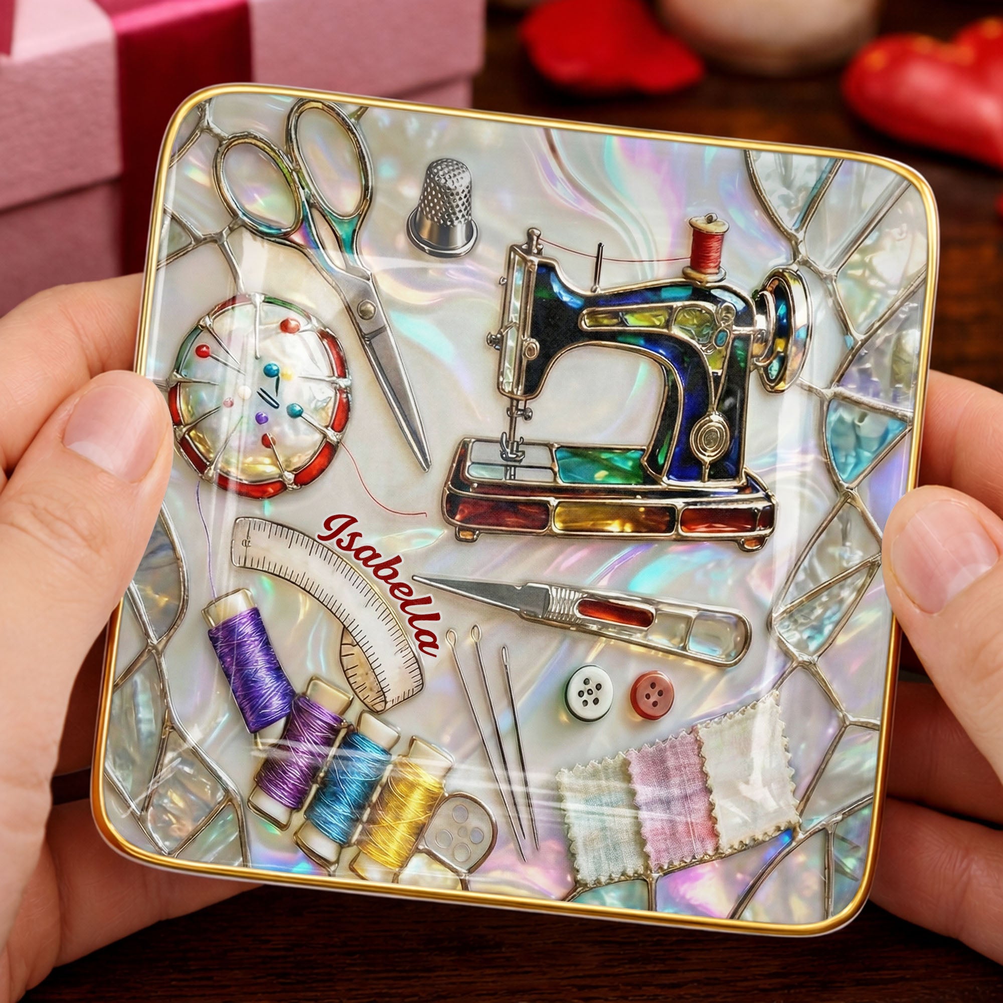 Stitched With Love Sewing Machine Scissors And Colorful Thread Spools - Personalized Custom Jewelry Dish, Ceramic Dish, Square Shape - JBS043_SCRF