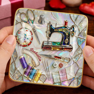 Stitched With Love Sewing Machine Scissors And Colorful Thread Spools - Personalized Custom Jewelry Dish, Ceramic Dish, Square Shape - JBS043_SCRF