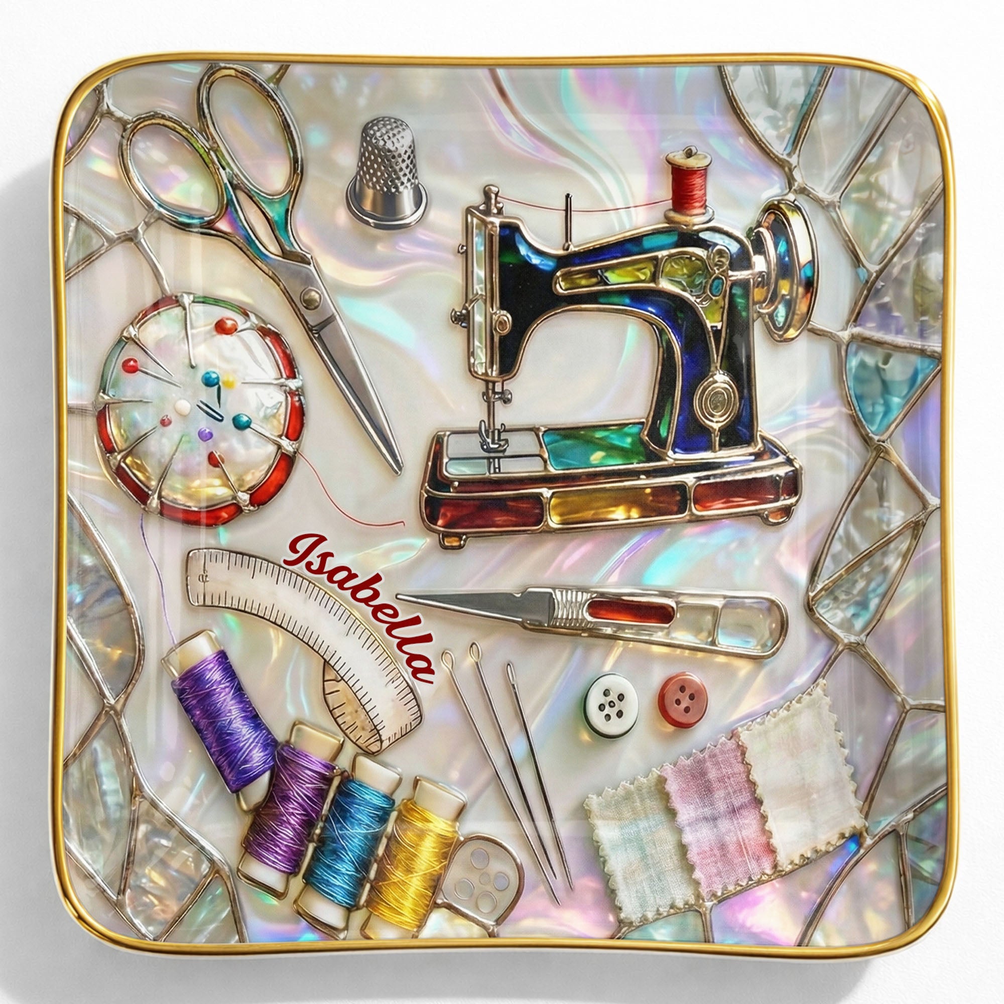 Stitched With Love Sewing Machine Scissors And Colorful Thread Spools - Personalized Custom Jewelry Dish, Ceramic Dish, Square Shape - JBS043_SCRF