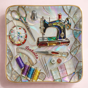 Stitched With Love Sewing Machine Scissors And Colorful Thread Spools - Personalized Custom Jewelry Dish, Ceramic Dish, Square Shape - JBS043_SCRF