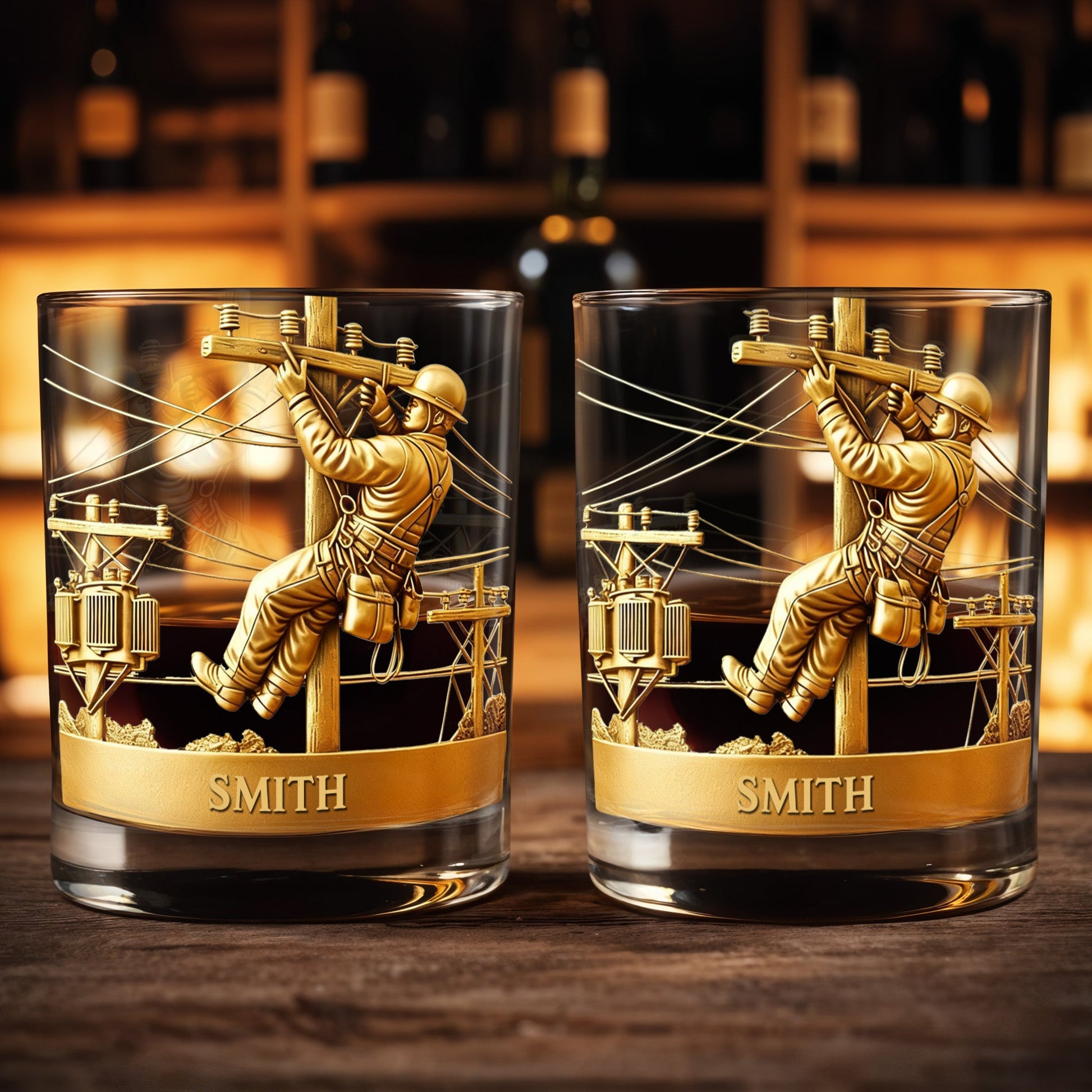 Customized Lineman, Utility Pole, Wires - Personalized Custom Whiskey Glass - JBS059_RWG