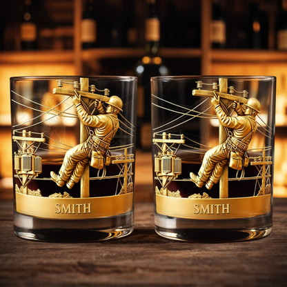 Customized Lineman, Utility Pole, Wires - Personalized Custom Whiskey Glass - JBS059_RWG