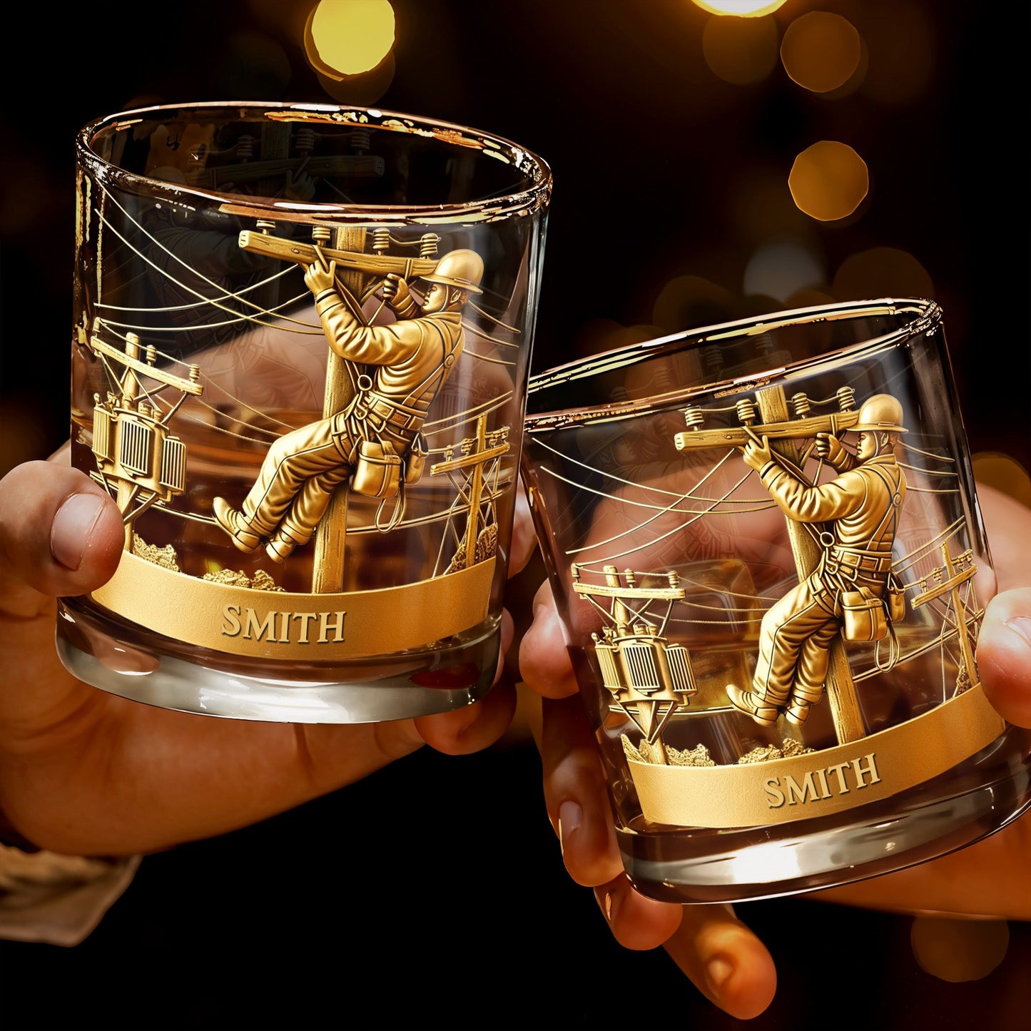 Customized Lineman, Utility Pole, Wires - Personalized Custom Whiskey Glass - JBS059_RWG