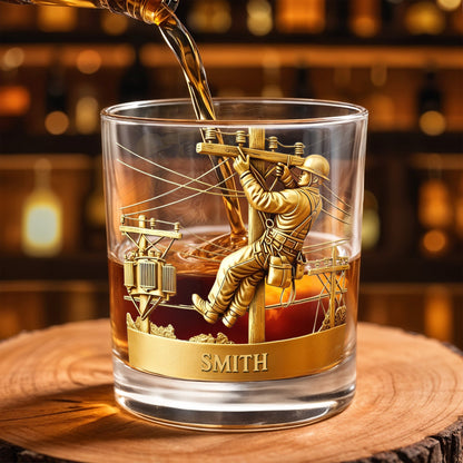 Customized Lineman, Utility Pole, Wires - Personalized Custom Whiskey Glass - JBS059_RWG
