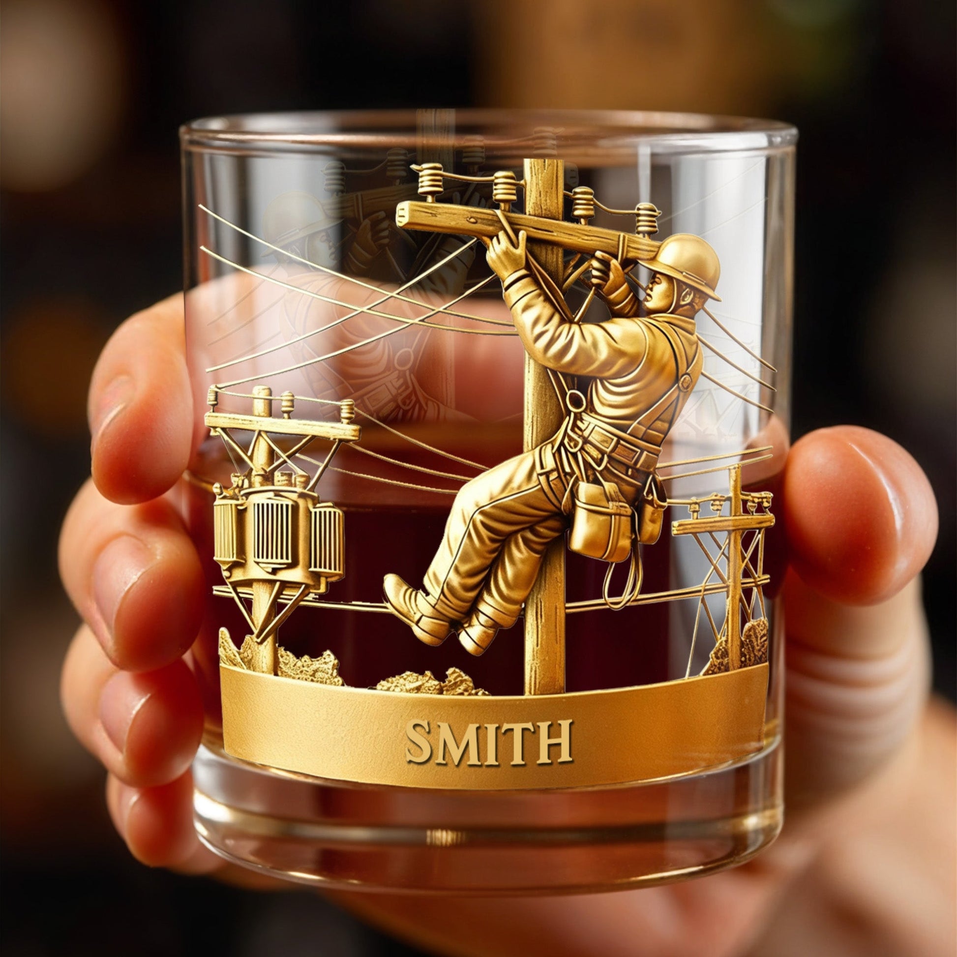 Customized Lineman, Utility Pole, Wires - Personalized Custom Whiskey Glass - JBS059_RWG