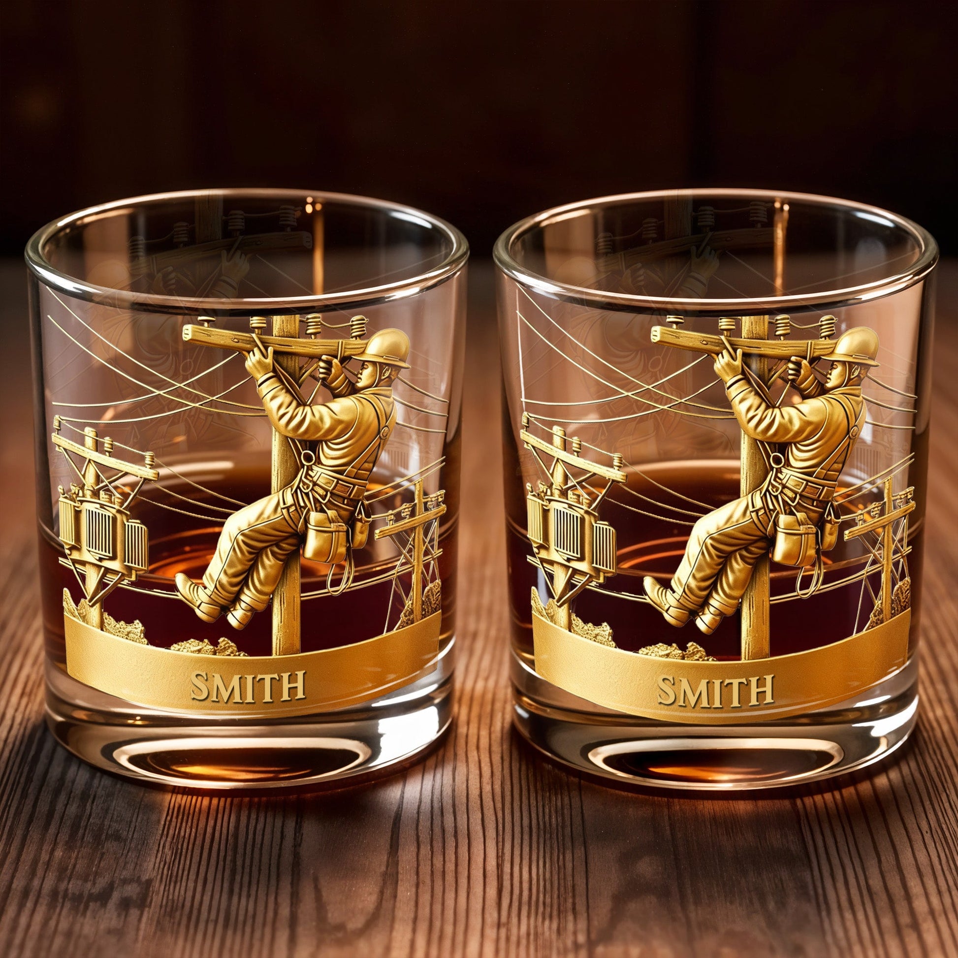 Customized Lineman, Utility Pole, Wires - Personalized Custom Whiskey Glass - JBS059_RWG