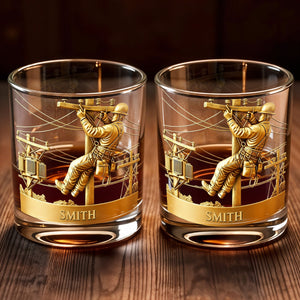 Customized Lineman, Utility Pole, Wires - Personalized Custom Whiskey Glass - JBS059_RWG