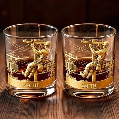 Customized Lineman, Utility Pole, Wires - Personalized Custom Whiskey Glass - JBS059_RWG