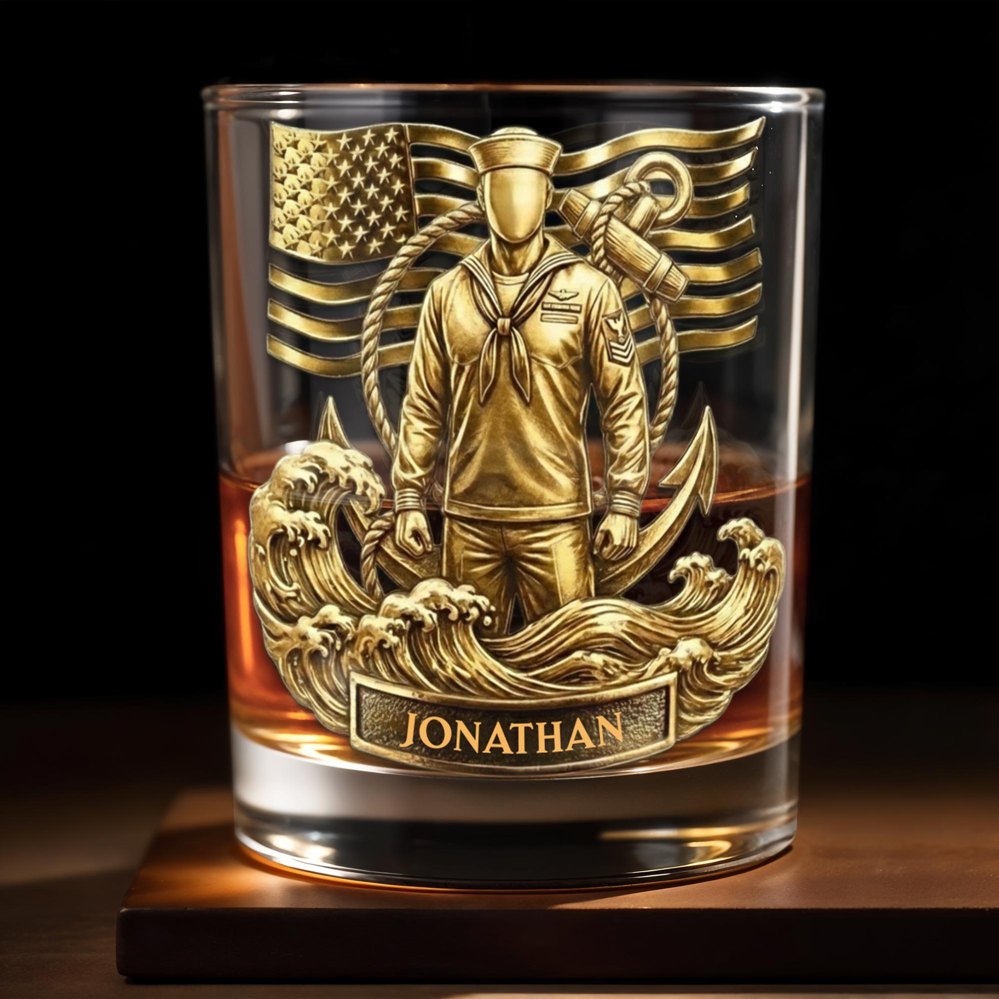 Honoring Our Heroes, American Flag And Military Figure - Personalized Custom Whiskey Glass - JBS076_RWG