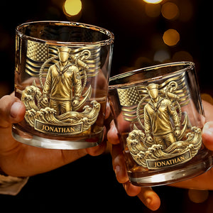 Honoring Our Heroes, American Flag And Military Figure - Personalized Custom Whiskey Glass - JBS076_RWG