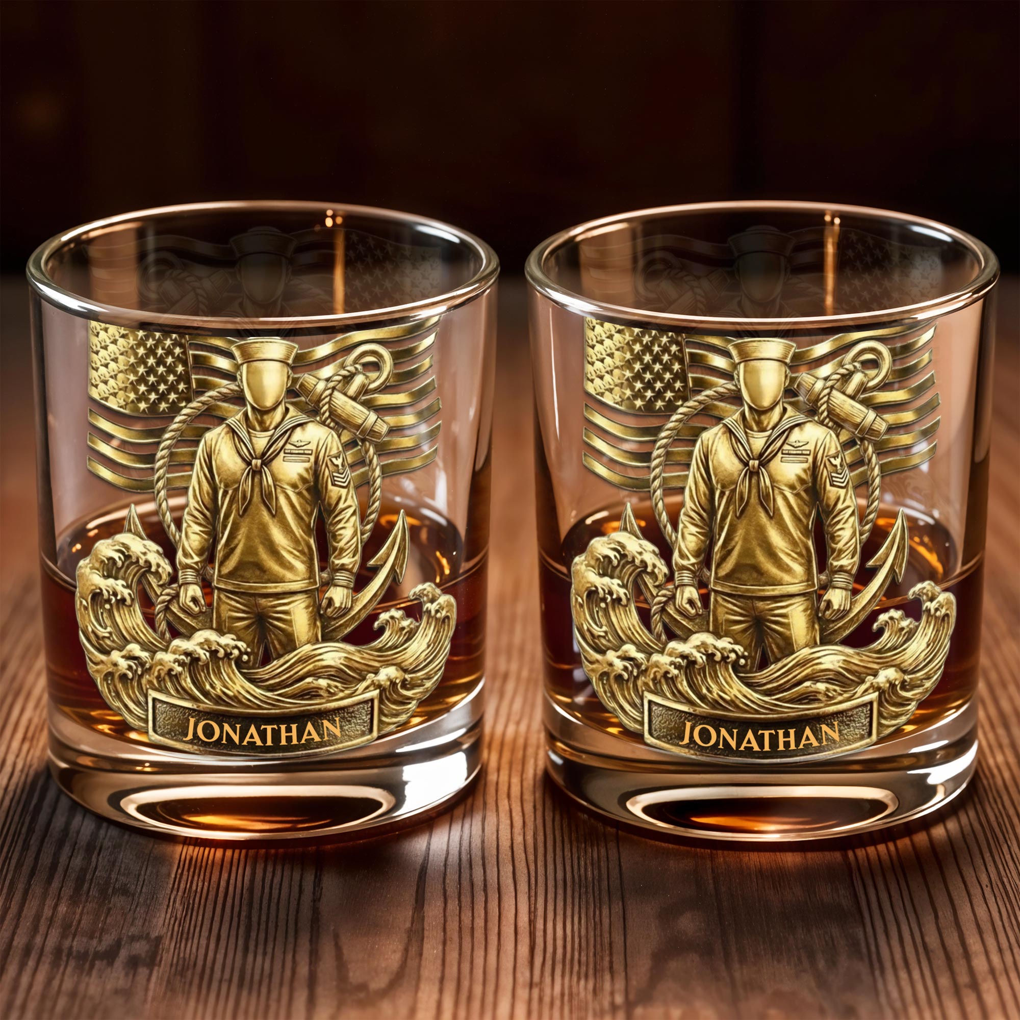 Honoring Our Heroes, American Flag And Military Figure - Personalized Custom Whiskey Glass - JBS076_RWG