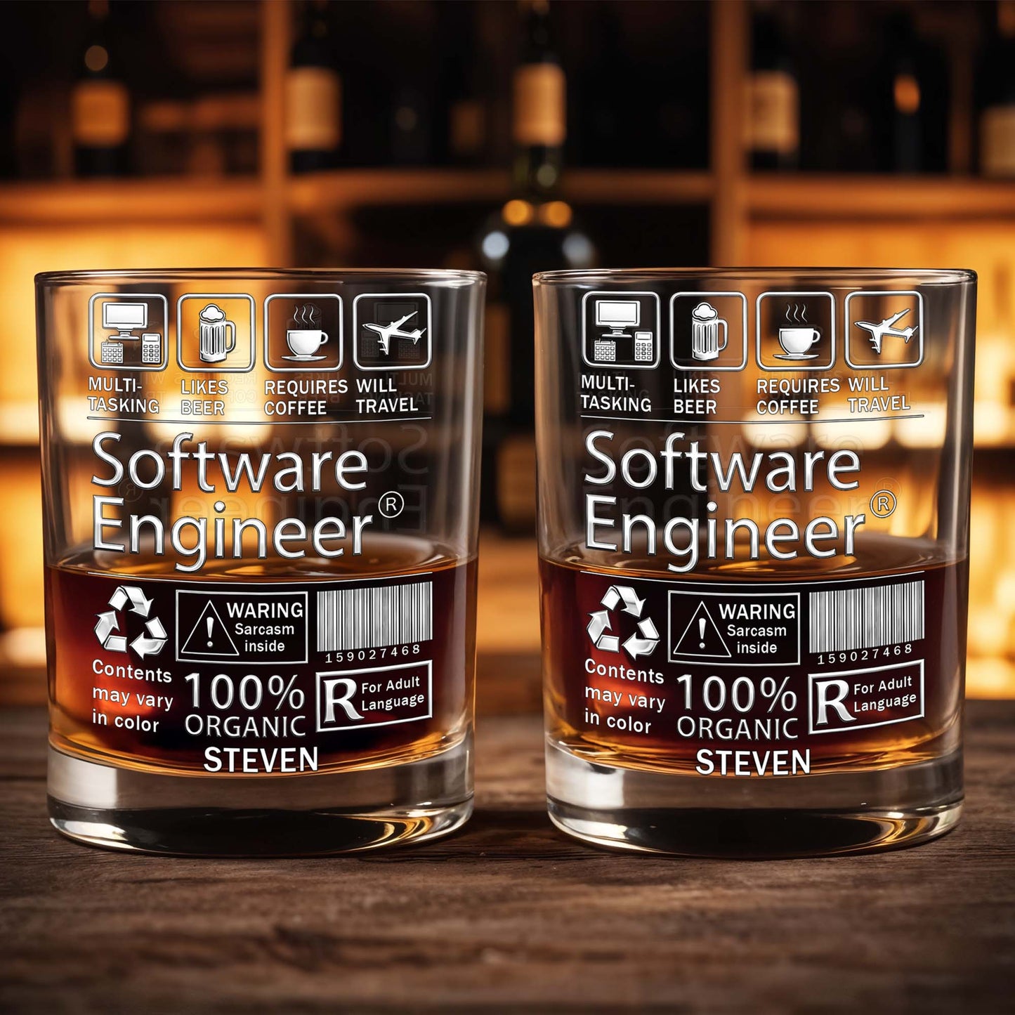Multi-Tasking Software Engineer With Beer Coffee And Travel Icons - Personalized Custom Whiskey Glass - JBS103_RWG