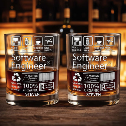 Multi-Tasking Software Engineer With Beer Coffee And Travel Icons - Personalized Custom Whiskey Glass - JBS103_RWG