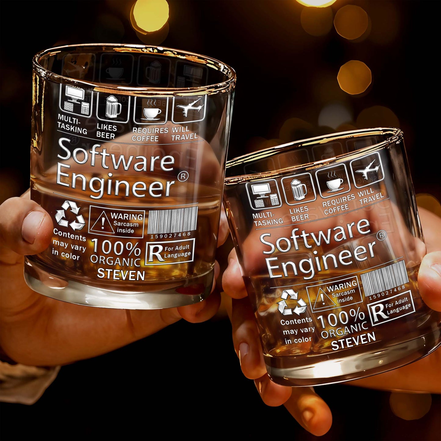 Multi-Tasking Software Engineer With Beer Coffee And Travel Icons - Personalized Custom Whiskey Glass - JBS103_RWG