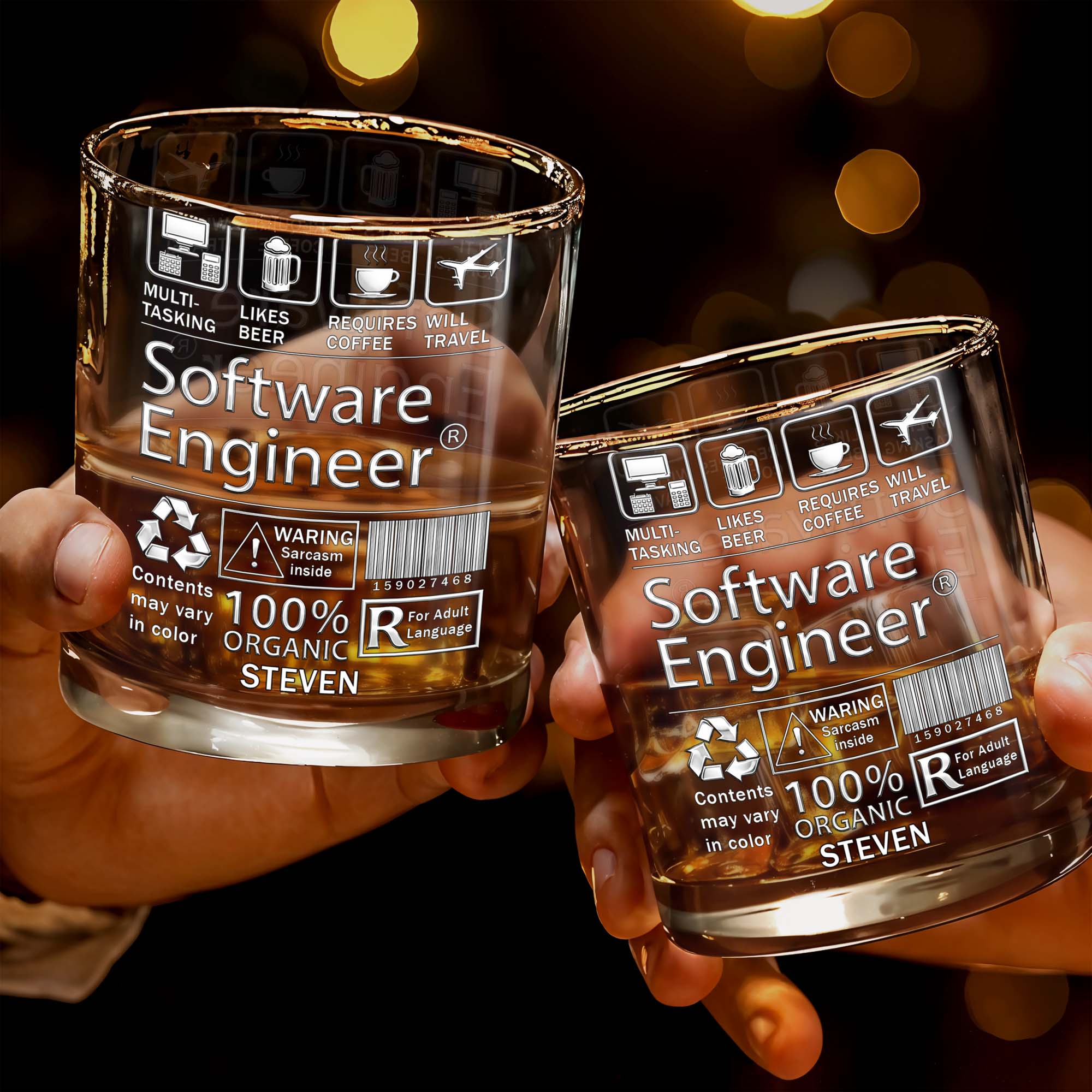 Multi-Tasking Software Engineer With Beer Coffee And Travel Icons - Personalized Custom Whiskey Glass - JBS103_RWG